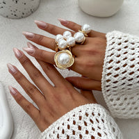 Thumbnail for Geometric 3pcs Gold Silver Tone Pearl Inlaid Chunky Ring Set - ArtGalleryZen