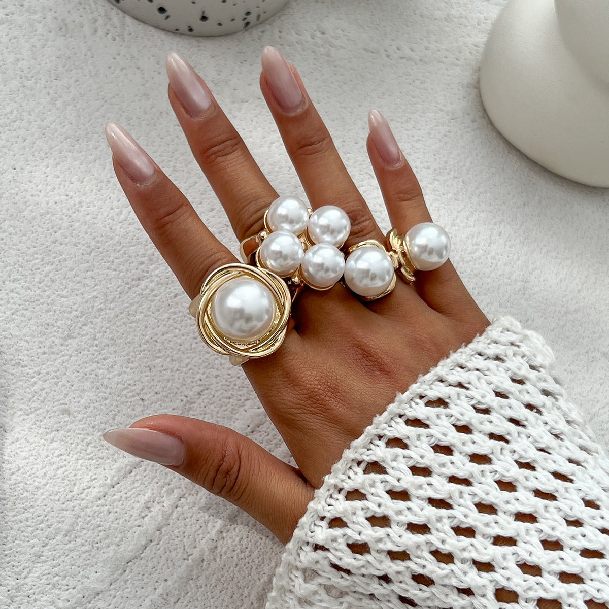 Geometric 3pcs Gold Silver Tone Pearl Inlaid Chunky Ring Set - ArtGalleryZen