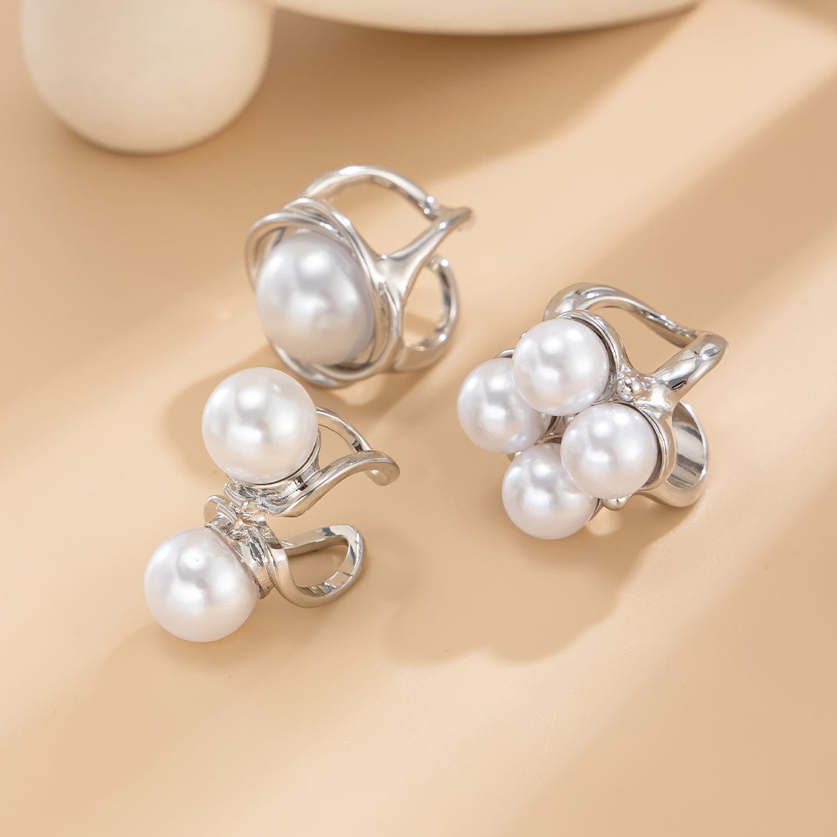 Geometric 3pcs Gold Silver Tone Pearl Inlaid Chunky Ring Set - ArtGalleryZen