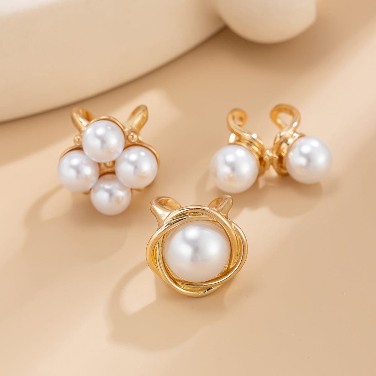 Geometric 3pcs Gold Silver Tone Pearl Inlaid Chunky Ring Set - ArtGalleryZen