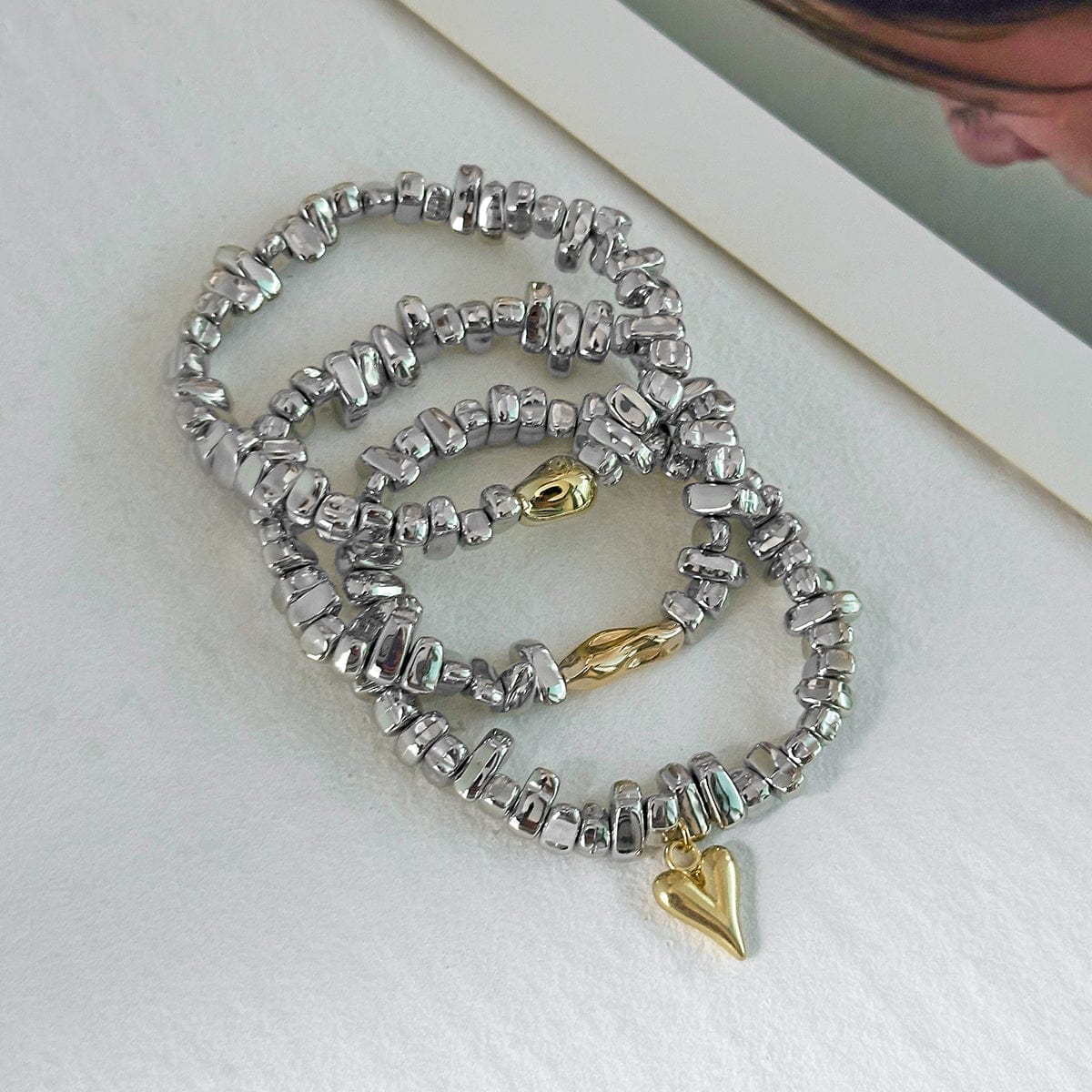 Geometric 3pcs Heart Charm Irregular Beaded Bracelet Set - ArtGalleryZen