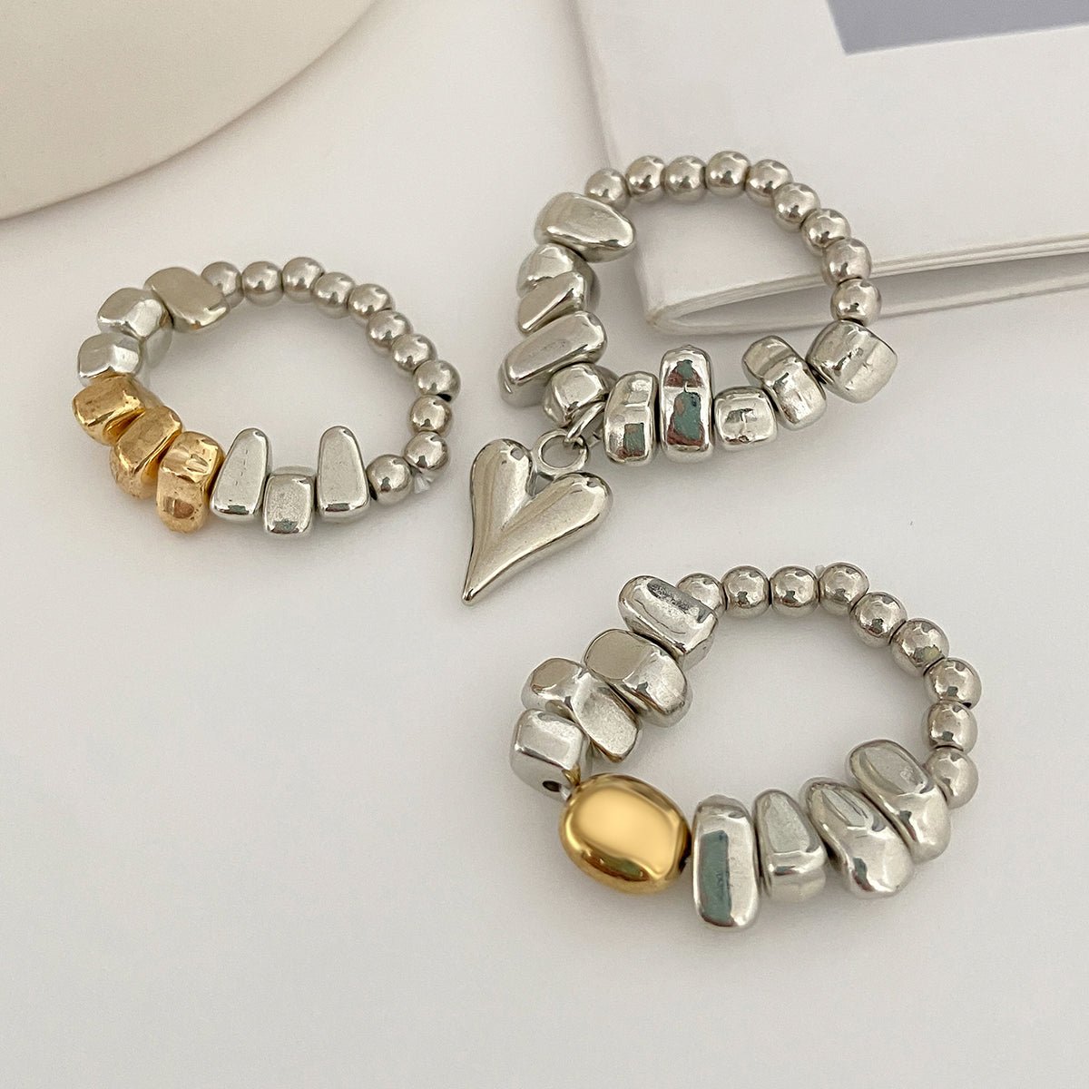 Geometric 3pcs Heart Charm Irregular Beaded Ring Set - ArtGalleryZen