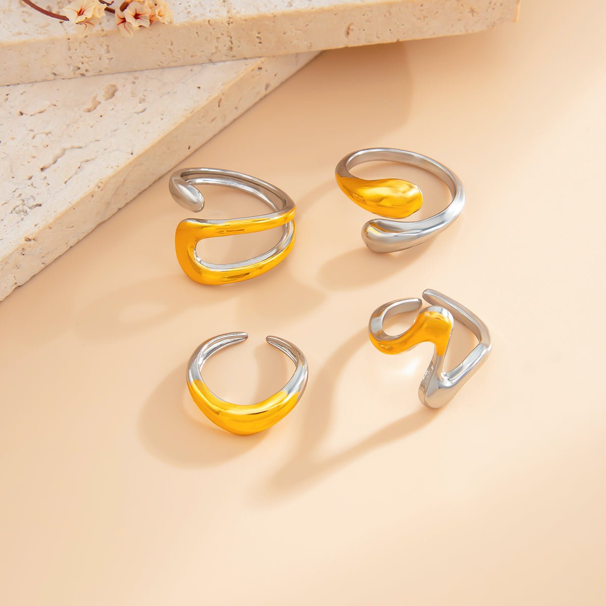 Geometric 4pcs Two Tone Waterdrop Ring set - ArtGalleryZen