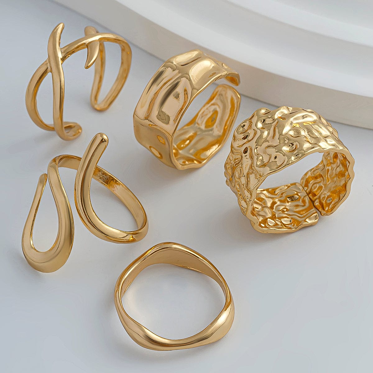 Geometric 5Pcs Chunky Hammered Stackable Open Ring Set - ArtGalleryZen