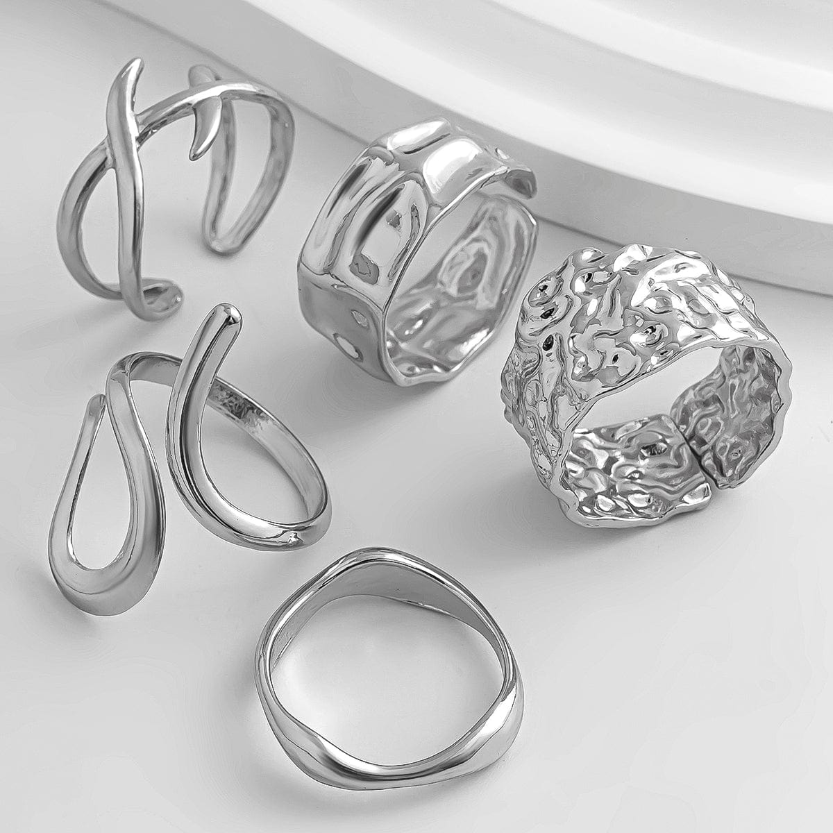Geometric 5Pcs Chunky Hammered Stackable Open Ring Set - ArtGalleryZen