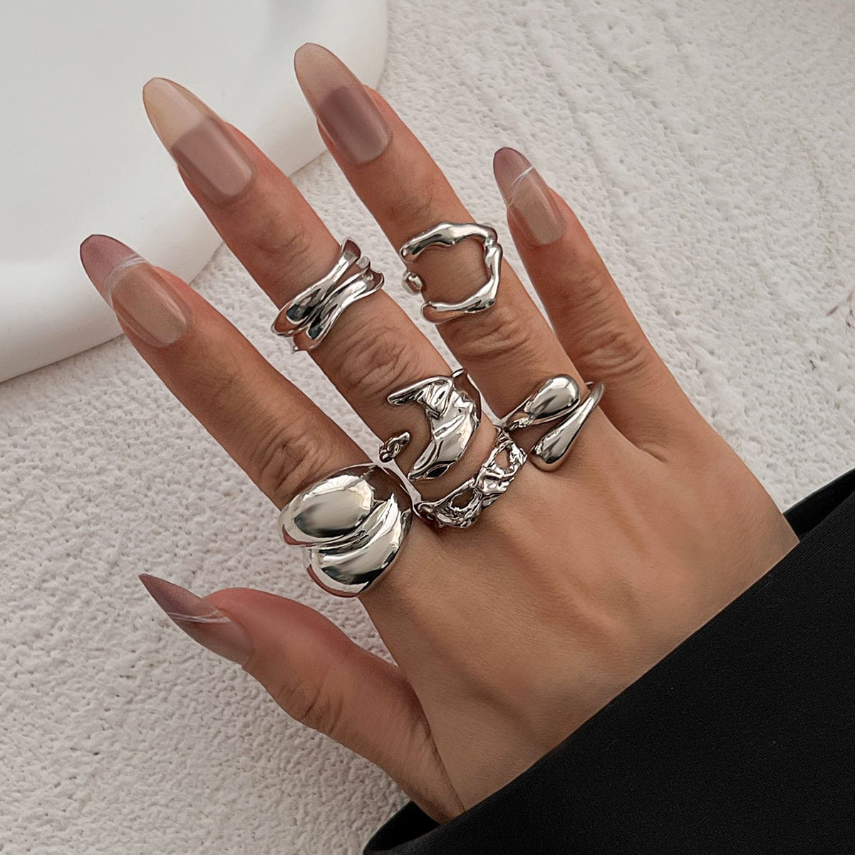 Geometric 6pcs Irregular Curved Waterdrop Open Ring Set - ArtGalleryZen