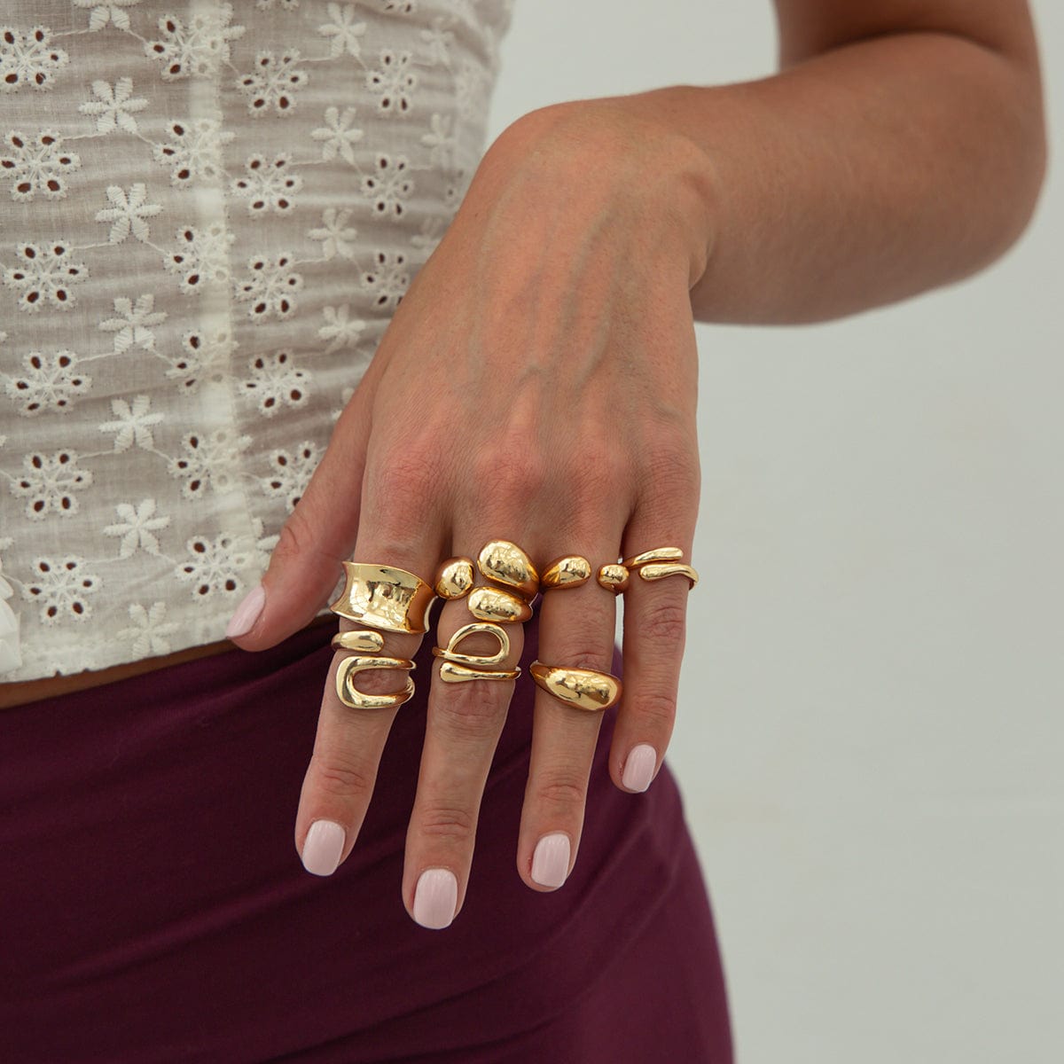 Geometric 7pcs Gold Silver Tone Chunky Hollow Waterdrop Ring Set - ArtGalleryZen