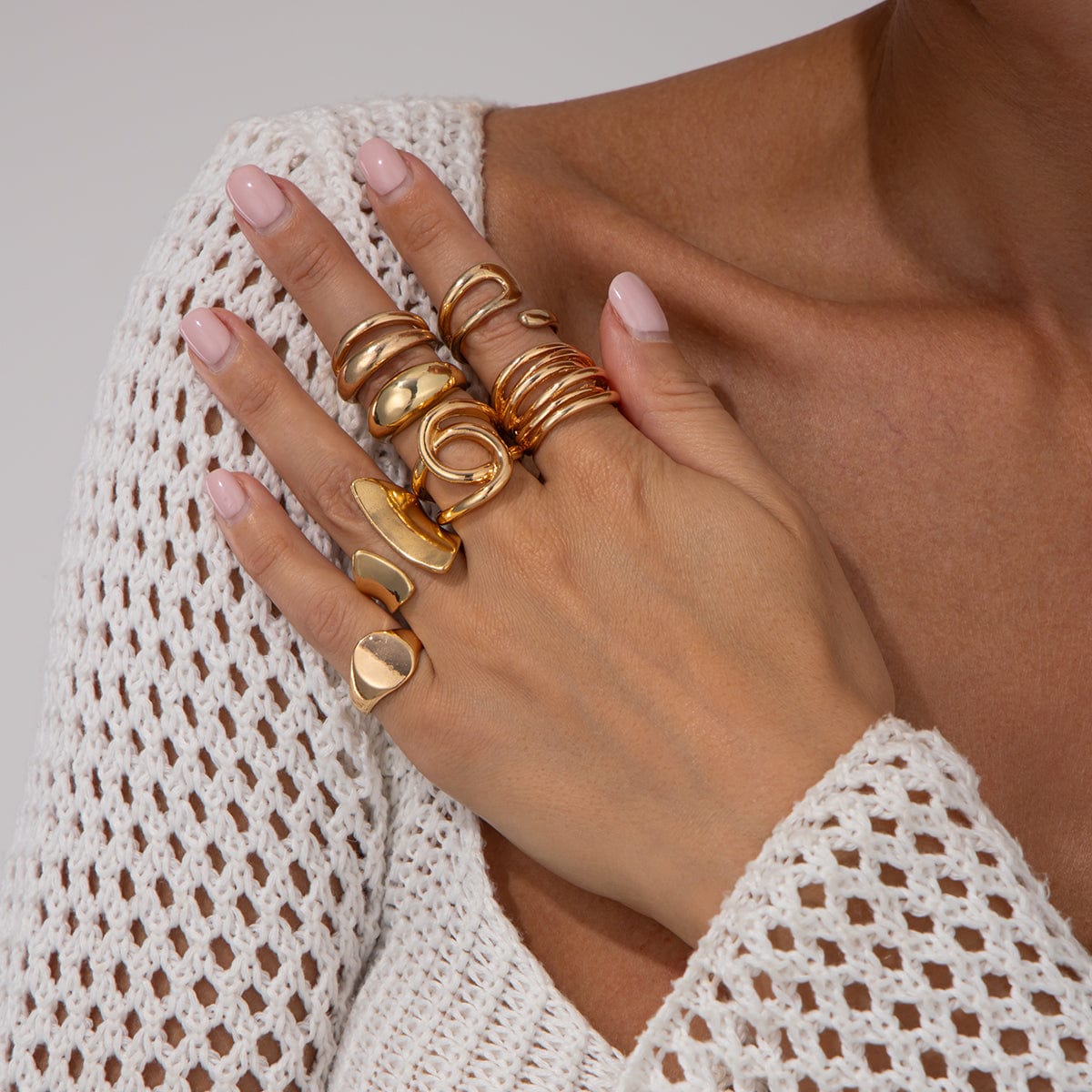 Geometric 7pcs Irregular Curved Chunky Hollow Ring Set - ArtGalleryZen