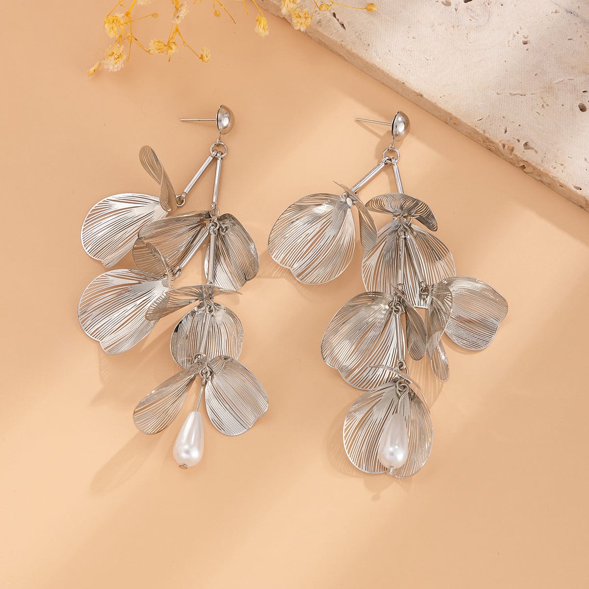 Geometric Abstract Chunky Dangling Floral Pearl Earrings - ArtGalleryZen