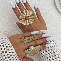 Thumbnail for Geometric Abstract Lotus Leaf Feather Pearl Open Ring Set - ArtGalleryZen