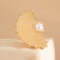 Thumbnail for Geometric Abstract Lotus Leaf Feather Pearl Open Ring Set - ArtGalleryZen