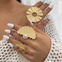 Thumbnail for Geometric Abstract Lotus Leaf Feather Pearl Open Ring Set - ArtGalleryZen