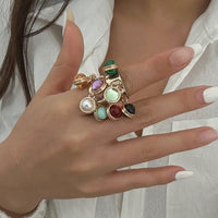 Thumbnail for Geometric Chunky Malachite Crystal Pearl Inlaid Tassel Open Ring - ArtGalleryZen