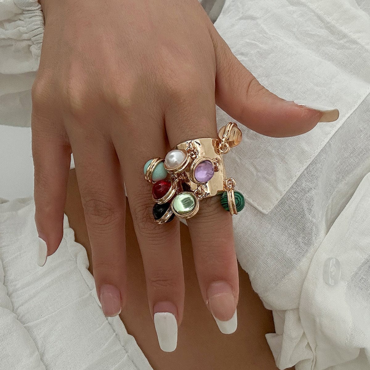Geometric Chunky Malachite Crystal Pearl Inlaid Tassel Open Ring - ArtGalleryZen