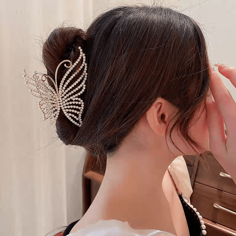 Geometric Crystal Pearl Inlaid Butterfly Chignon Claw Clip Hair Clip - ArtGalleryZen