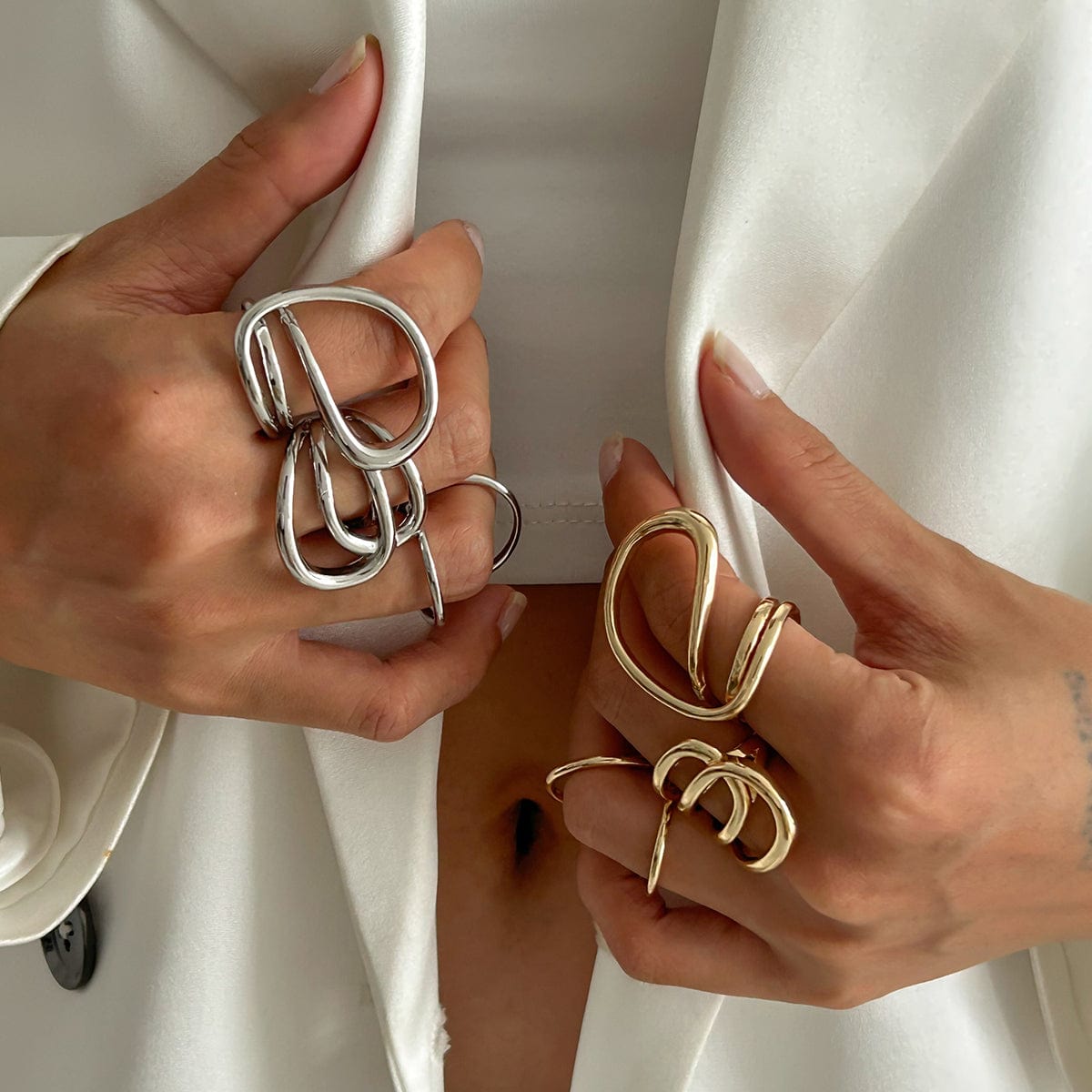 Geometric Gold Silver Plated Hollow Ring Set - ArtGalleryZen