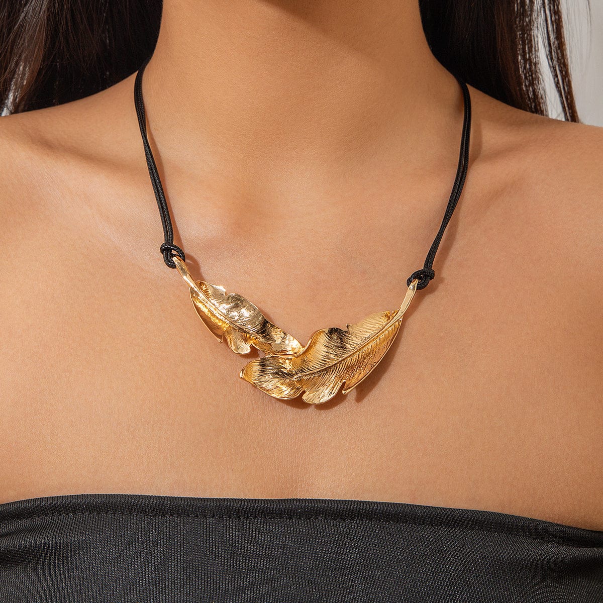 Geometric Gold Silver Tone Feather Charm Wax Cord String Necklace - ArtGalleryZen
