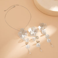 Thumbnail for Geometric Gold Silver Tone Leaf Crystal Pendant Y Necklace Earrings Set - ArtGalleryZen