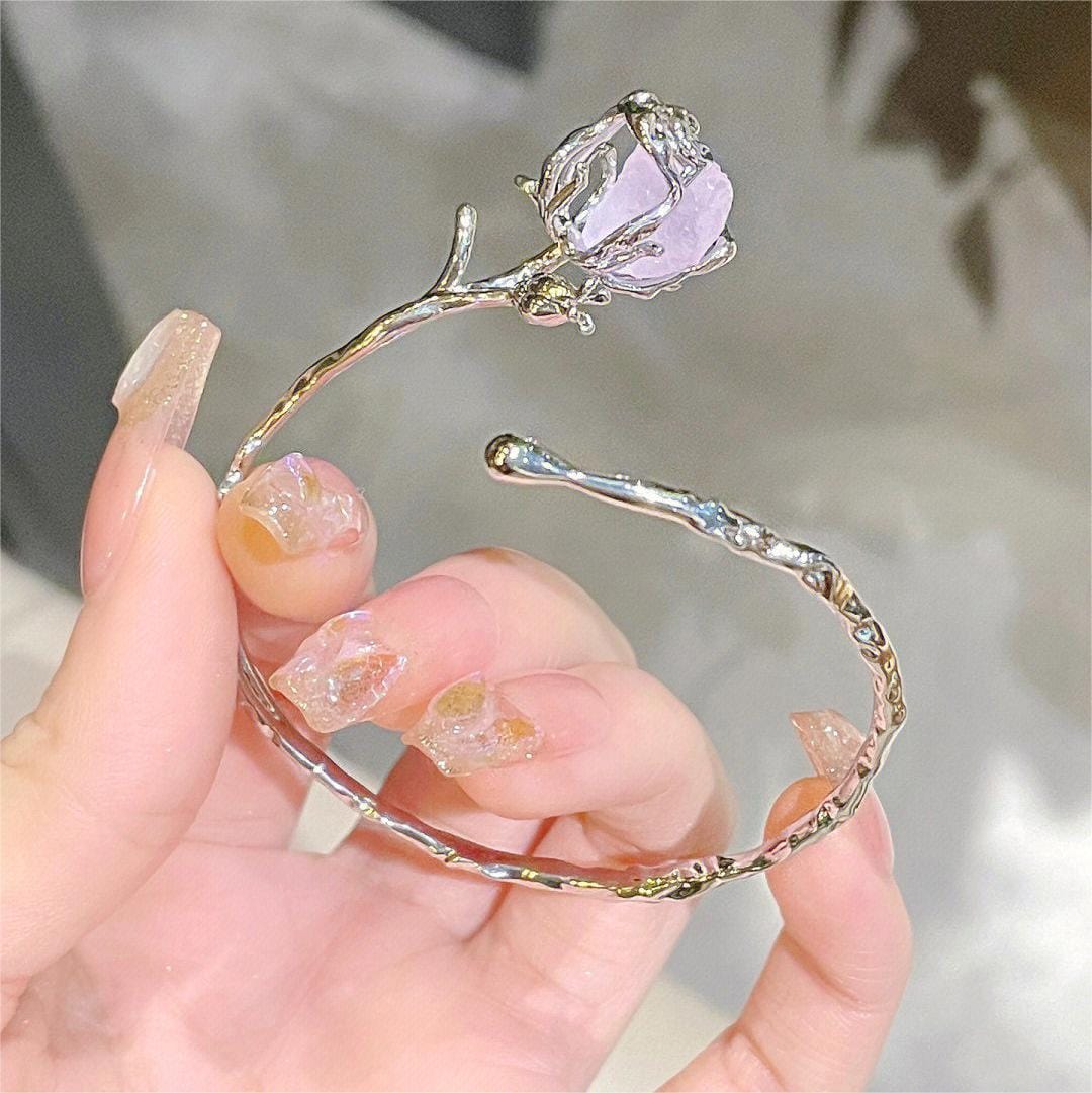 Geometric Healing Stone Rose Bangle Bracelet - ArtGalleryZen