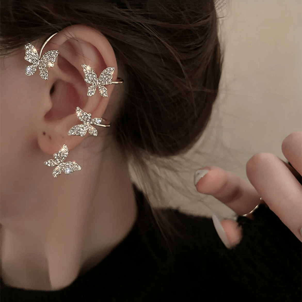 Glitter Crystal Inlaid Butterfly Ear Cuff Climber Crawler Wrap Earring - ArtGalleryZen