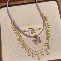 Thumbnail for Glitter Layered Butterfly Shell Rhinestone Tassel Wax Cord Necklace - ArtGalleryZen
