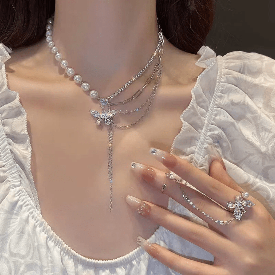 Glitter Layered Crystal Inlaid Butterfly Pearl Chain Y Necklace Ring Set - ArtGalleryZen