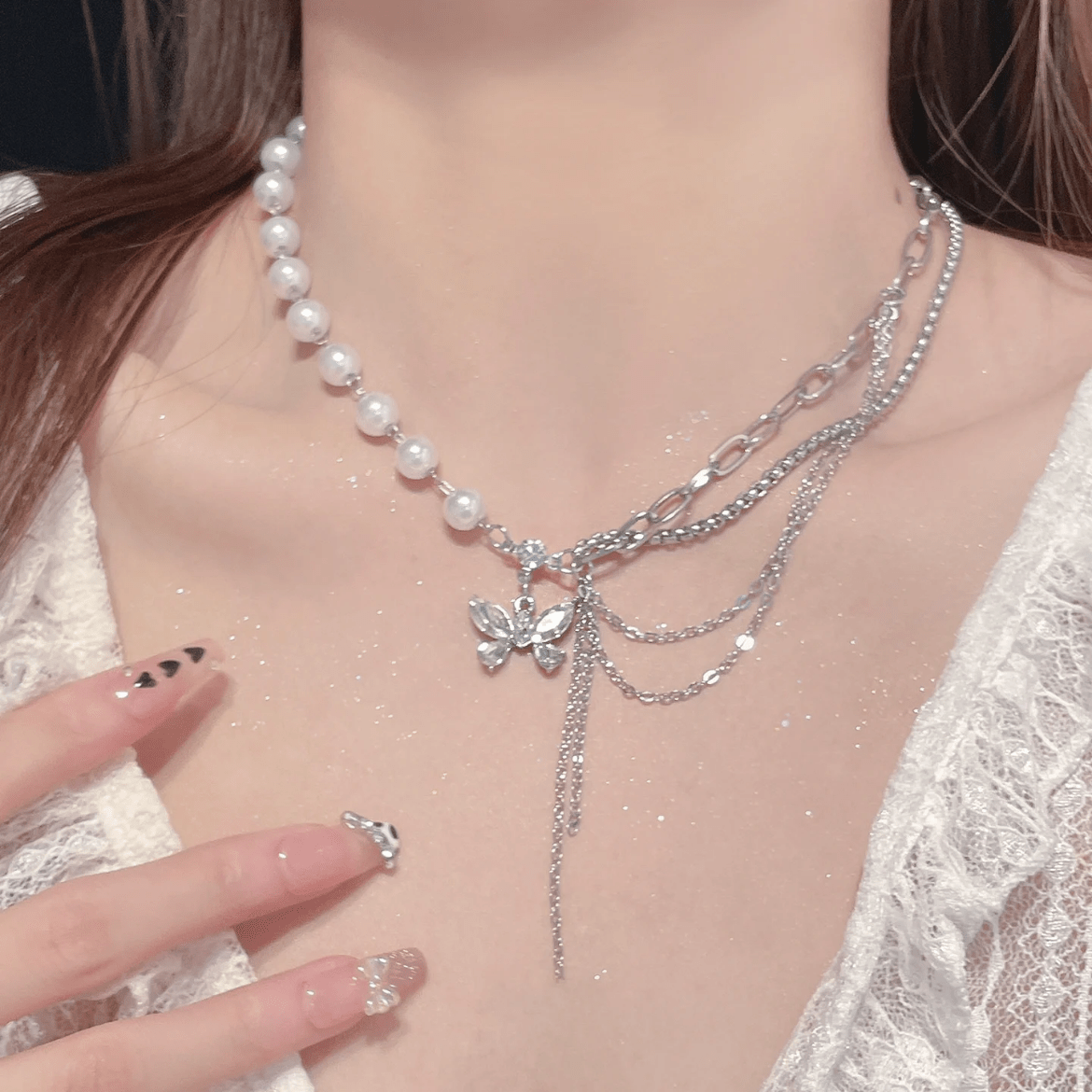 Glitter Layered Crystal Inlaid Butterfly Pearl Chain Y Necklace Ring Set - ArtGalleryZen
