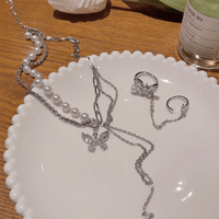 Thumbnail for Glitter Layered Crystal Inlaid Butterfly Pearl Chain Y Necklace Ring Set - ArtGalleryZen