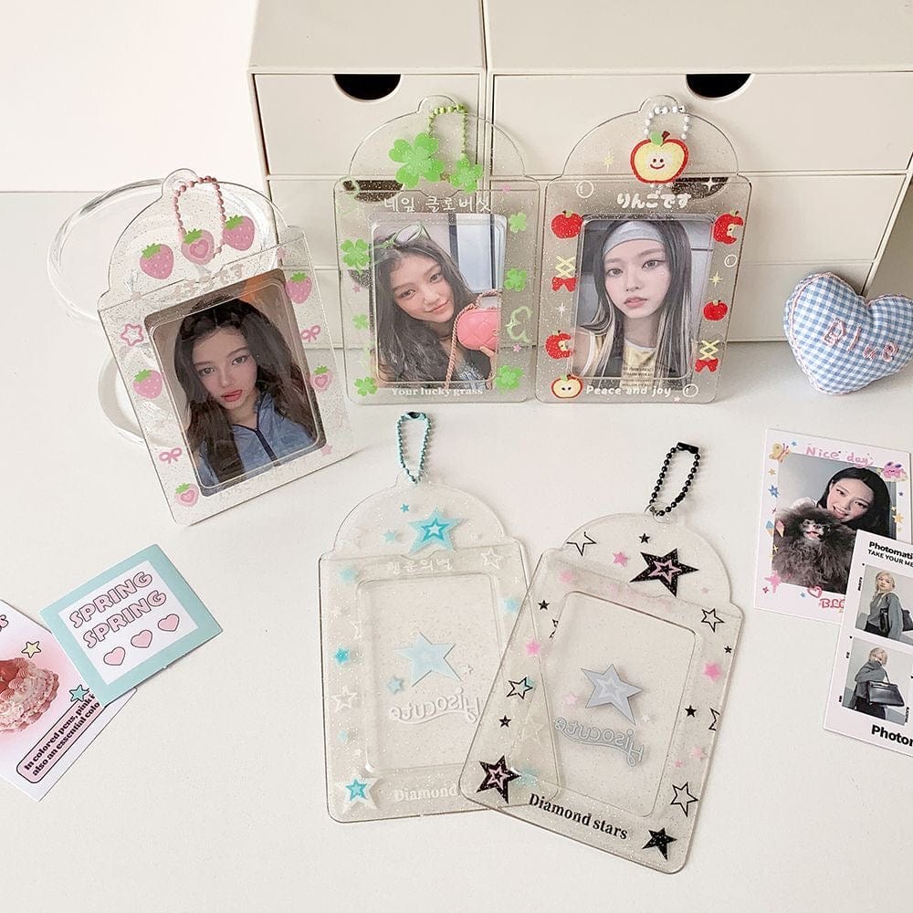Glitter Strawberry Apple Lucky Clover Star Kpop Keychain Photocard Holder - ArtGalleryZen