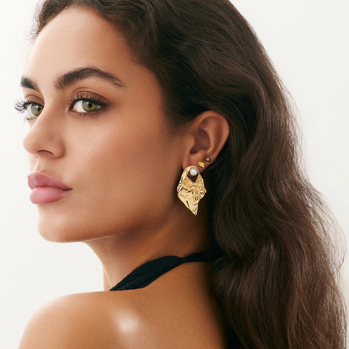 Gold Silver Tone Abstract Pattern Pearl Stud Earrings - ArtGalleryZen