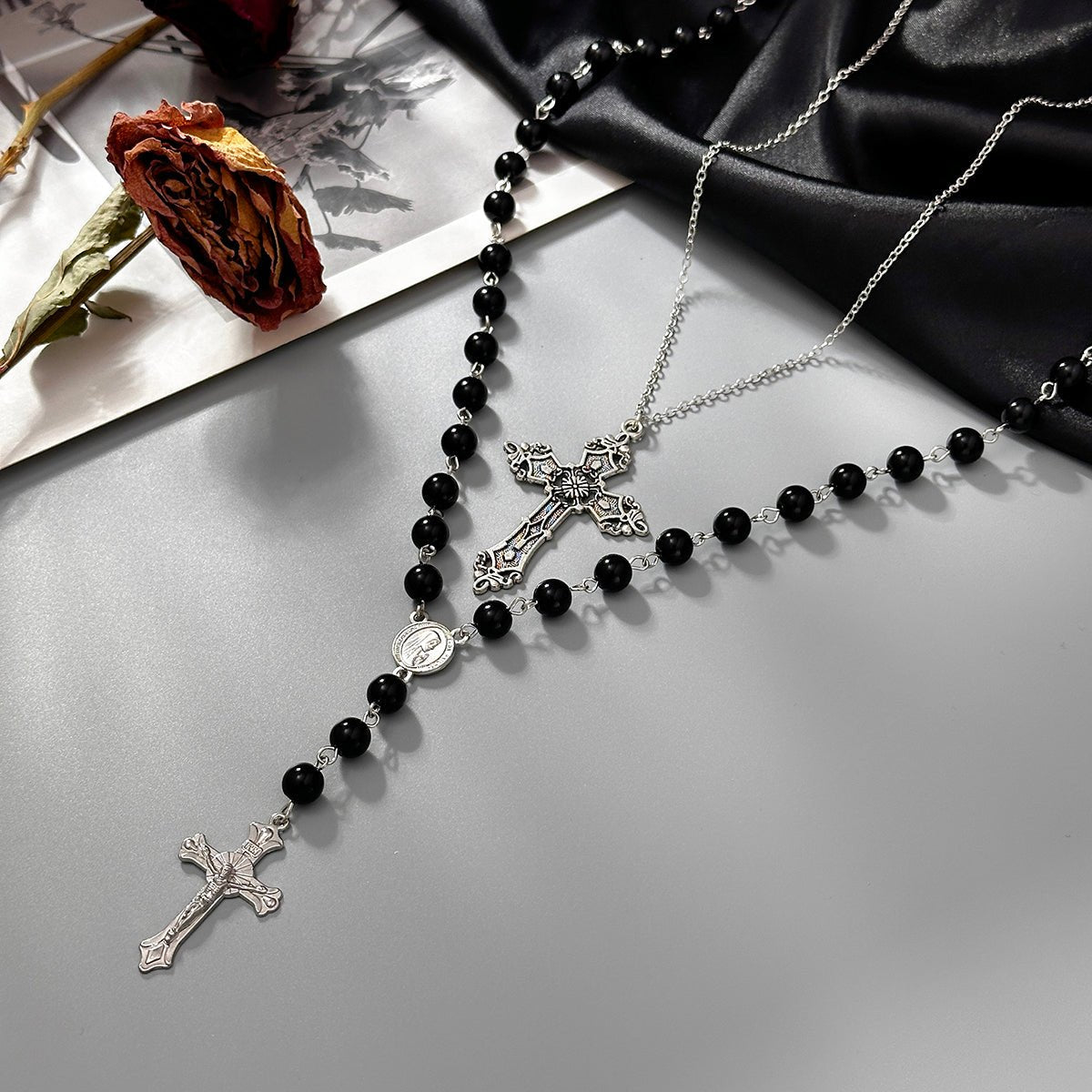 Gothic 2pcs Floral Cross Pendant Ball Chain Necklace Set - ArtGalleryZen