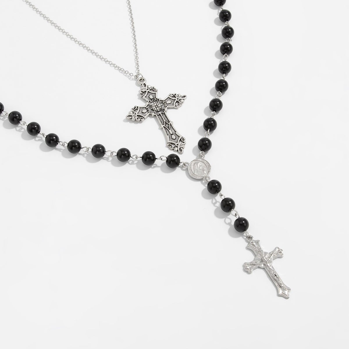 Gothic 2pcs Floral Cross Pendant Ball Chain Necklace Set - ArtGalleryZen
