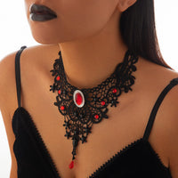 Thumbnail for Gothic Crystal Inlaid Cross Charm Floral Lace Choker Necklace - ArtGalleryZen
