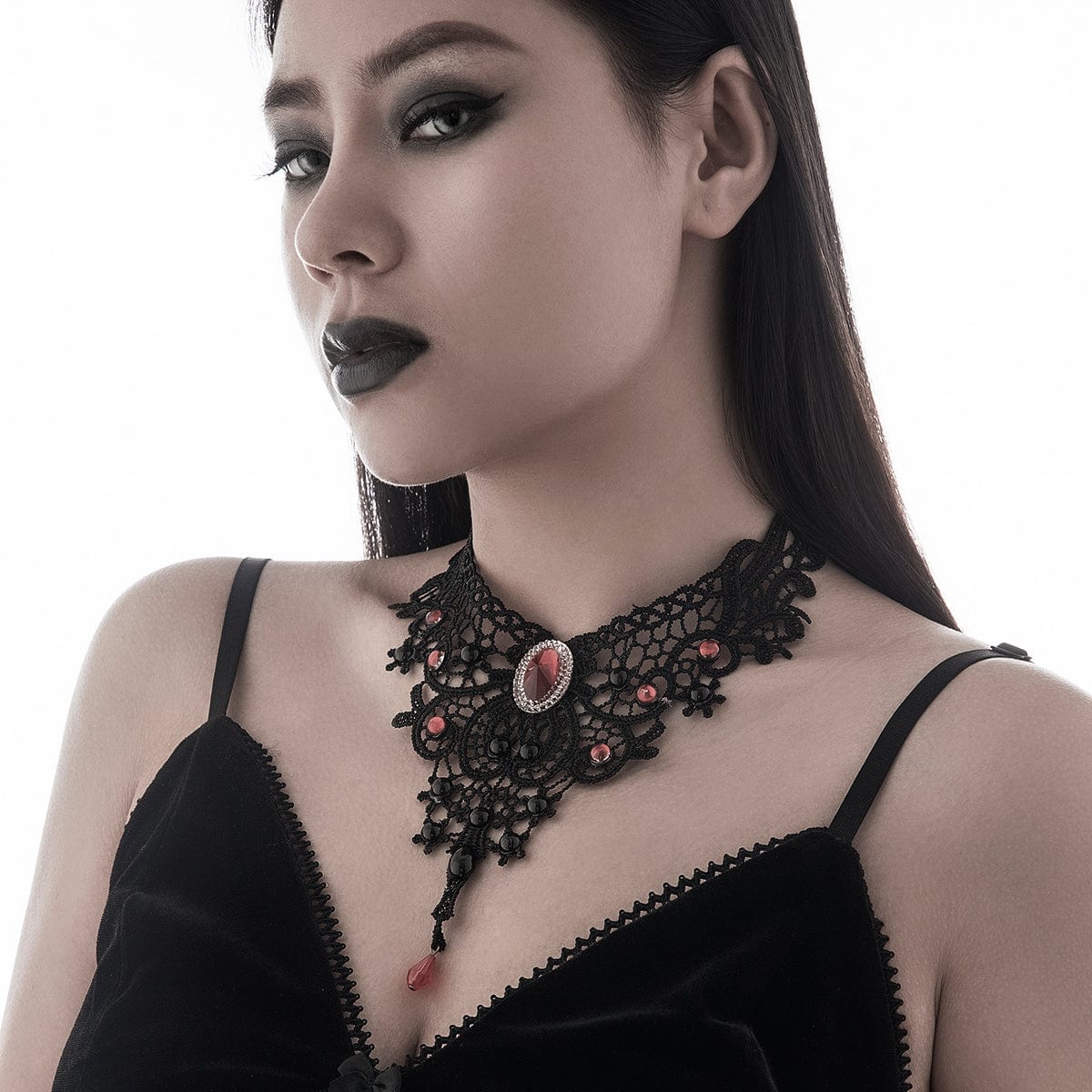 Gothic Crystal Inlaid Cross Charm Floral Lace Choker Necklace - ArtGalleryZen