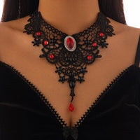 Thumbnail for Gothic Crystal Inlaid Cross Charm Floral Lace Choker Necklace - ArtGalleryZen