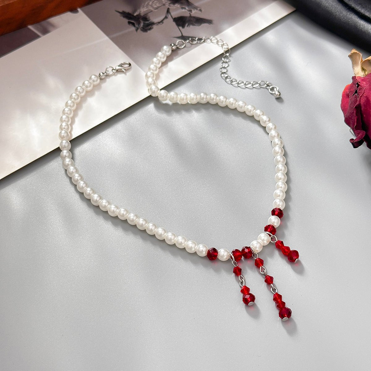 Gothic Crystal Tassel Blood Drop Pearl Chain Choker Necklace - ArtGalleryZen