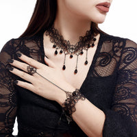 Thumbnail for Gothic Crystal Tassel Floral Lace Finger Ring Bracelet Necklace Set - ArtGalleryZen