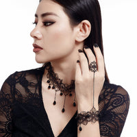 Thumbnail for Gothic Crystal Tassel Floral Lace Finger Ring Bracelet Necklace Set - ArtGalleryZen