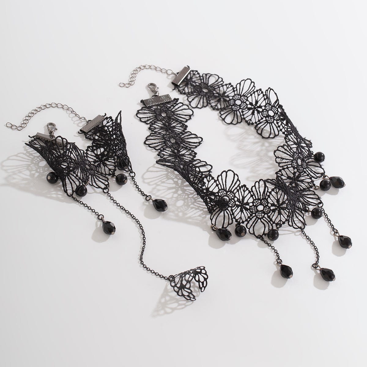 Gothic Crystal Tassel Floral Lace Finger Ring Bracelet Necklace Set - ArtGalleryZen