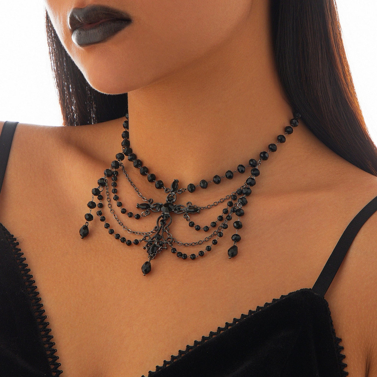 Gothic Layered Cross Pendant Crystal Chain Choker Necklace - ArtGalleryZen