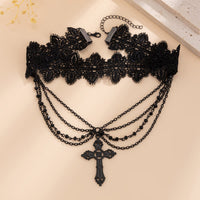 Thumbnail for Gothic Layered Cross Pendant Floral Lace Choker Necklace - ArtGalleryZen