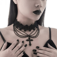 Thumbnail for Gothic Layered Cross Pendant Floral Lace Choker Necklace - ArtGalleryZen