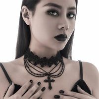 Thumbnail for Gothic Layered Cross Pendant Floral Lace Choker Necklace - ArtGalleryZen