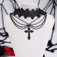 Thumbnail for Gothic Layered Cross Pendant Floral Lace Choker Necklace - ArtGalleryZen