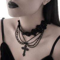 Thumbnail for Gothic Layered Cross Pendant Floral Lace Choker Necklace - ArtGalleryZen