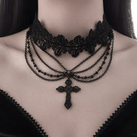 Thumbnail for Gothic Layered Cross Pendant Floral Lace Choker Necklace - ArtGalleryZen