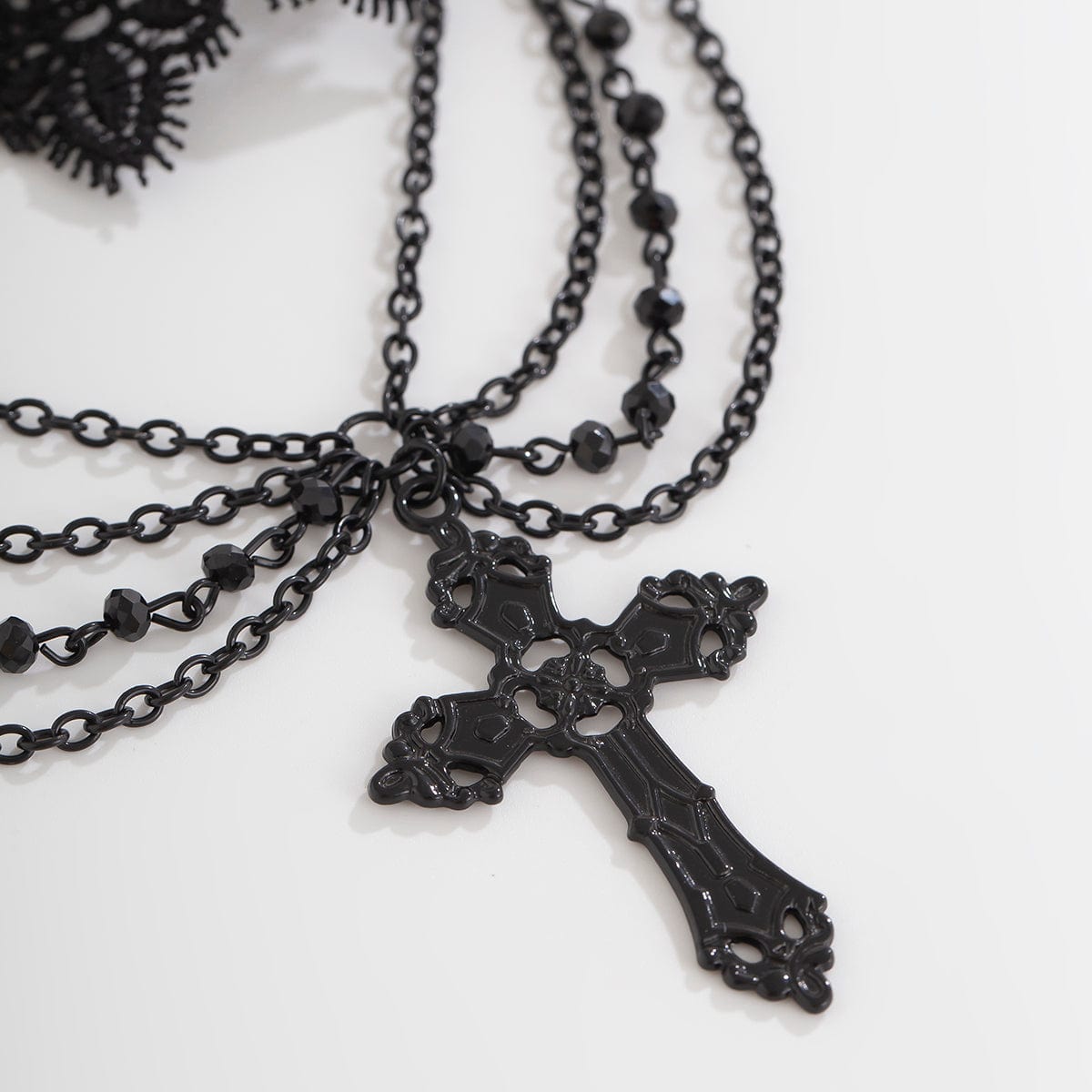 Gothic Layered Cross Pendant Floral Lace Choker Necklace - ArtGalleryZen