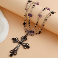Thumbnail for Gothic Layered Cross Pendant Star Crystal Chain Necklace - ArtGalleryZen