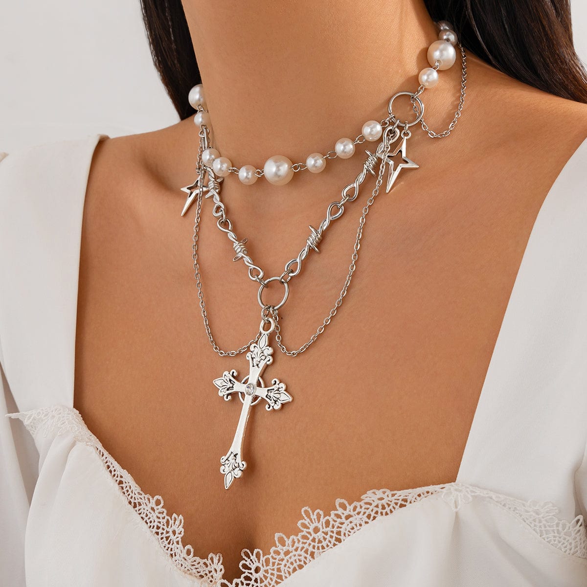 Gothic Layered Cross Star Pendant Pearl Chain Choker Necklace - ArtGalleryZen