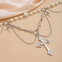 Thumbnail for Gothic Layered Cross Star Pendant Pearl Chain Choker Necklace - ArtGalleryZen